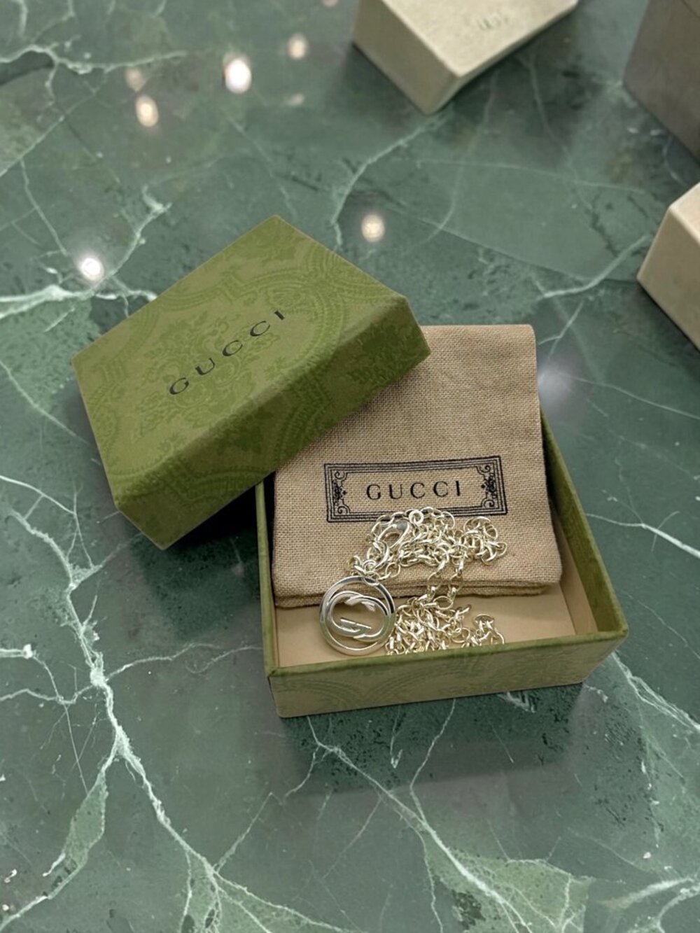 Gucci Mens Doppia Interlocking G Circle Pendant Necklace Silver 925
